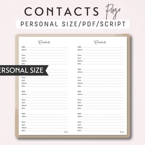 May include: A printable contacts page for a personal size planner. The page is divided into two columns, each with headings for "Name", "Address", "Phone", "Email", "Website", and "Notes".