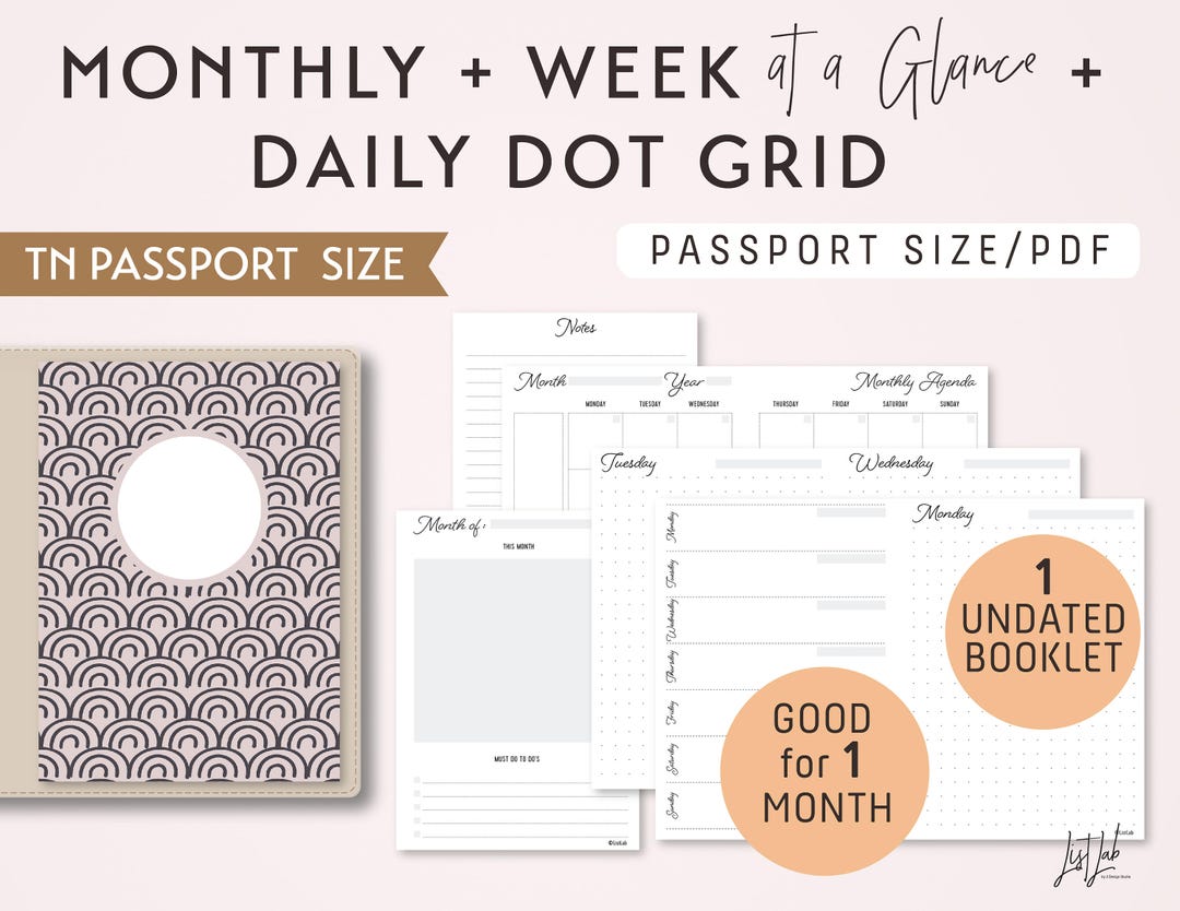PASSPORT Size Monthly-weekly-daily Dot Grid TN Printable Booklet Insert ...