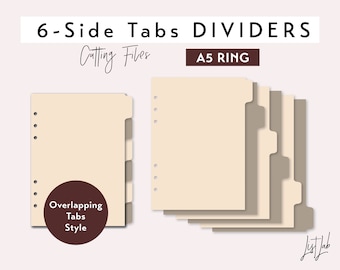 6 SIDE TAB DIVIDERS for A5 Planner – Die Cutting Files Set - Overlapping Tabs Style - svg, png, pdf | diy planner