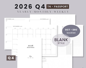 Passport TN Q4 2026 October to December BLANK Style Printable Notebook - Weekly Wo2P Horizontal | Traveler's Notebook Predated Booklet