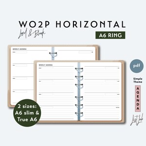May include: A6 ring bound planner with a horizontal weekly layout. The planner has a simple theme with lined pages and a beige cover. The planner is available in two sizes: A6 slim and true A6.