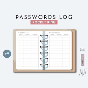 May include: A tan pocket ring password log with the text "PASSWORDS LOG" and "POCKET RING". The log has two sections with lines for website, username, and password. A "pdf" icon is in the corner. The words "Simple Theme" and "HOME" are also visible.