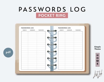 Pocket Ring PASSWORDS LOG | Printable Minimalist Ring Planner Insert | pdf | Simple Theme, Password Keeper