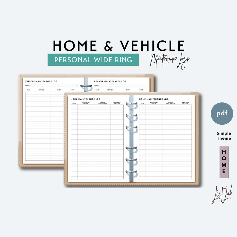 May include: Two open ring binder journals with lined pages for home and vehicle maintenance logs. The journals have a light brown cover with the text "HOME & VEHICLE" and "PERSONAL WIDE RING". The journals are labelled "VEHICLE MAINTENANCE LOG" and "HOME MAINTENANCE LOG".