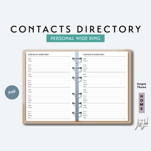 May include: A printable contacts directory template for a personal wide ring binder. The template has a simple theme and is designed for home use. The template is in PDF format.