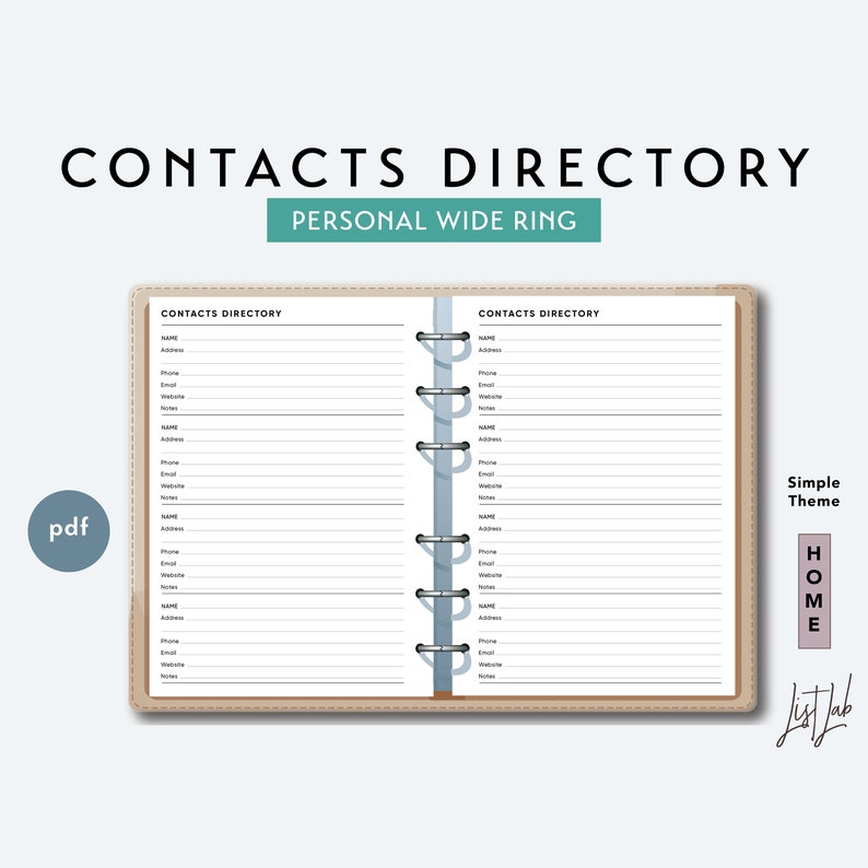 Personal Wide CONTACTS DIRECTORY - Printable Ring Planner Insert Pdf ...