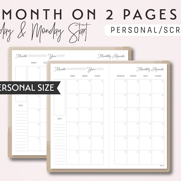 PERSONAL Size Month on 2 Pages - Sunday Start and Monday Start - Printable Traveler's Notebook Insert - Script Theme