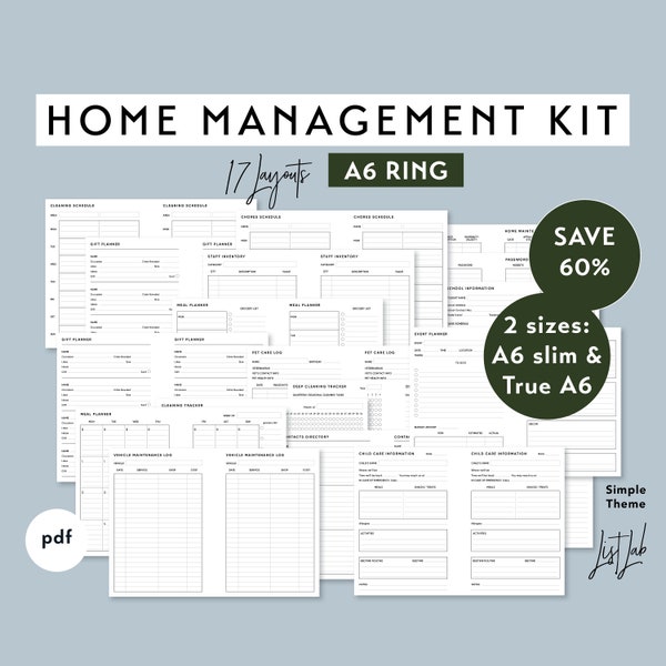 A6 Ring HOME MANAGEMENT KIT for Ring Planner - Printable pdf - Simple Theme - 17 layouts