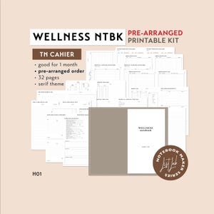 May include: A printable wellness notebook kit with 32 pages, pre-arranged order, and a serif theme. The kit includes a variety of trackers, checklists, and logs to help you manage your health and well-being. The cover features the text "WELLNESS notebook" and a brown circle with the text "NOTEBOOK List Lab MAKER SERIES".