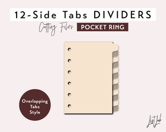 Taschenring-Registerkarten mit 12 seitlichen Registern – Überlappende Register – Stanzdateien-Set | Planer-Schneidevorlage | SVG, PNG, PDF | DIY-Registerkarten