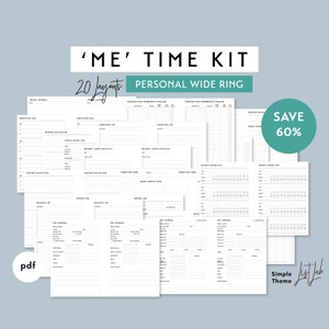 Puede incluir: Un conjunto de 20 páginas de planificador imprimibles en un tema simple en blanco y negro. Las páginas están diseñadas para una carpeta de anillas ancha personal e incluyen diseños para un diario de gratitud, una lista de compras, una lista de empaque, un diario de películas, un diario de bolígrafos y más. El texto 'ME' TIME KIT' y '20 Layouts' es visible en la parte superior de la imagen.