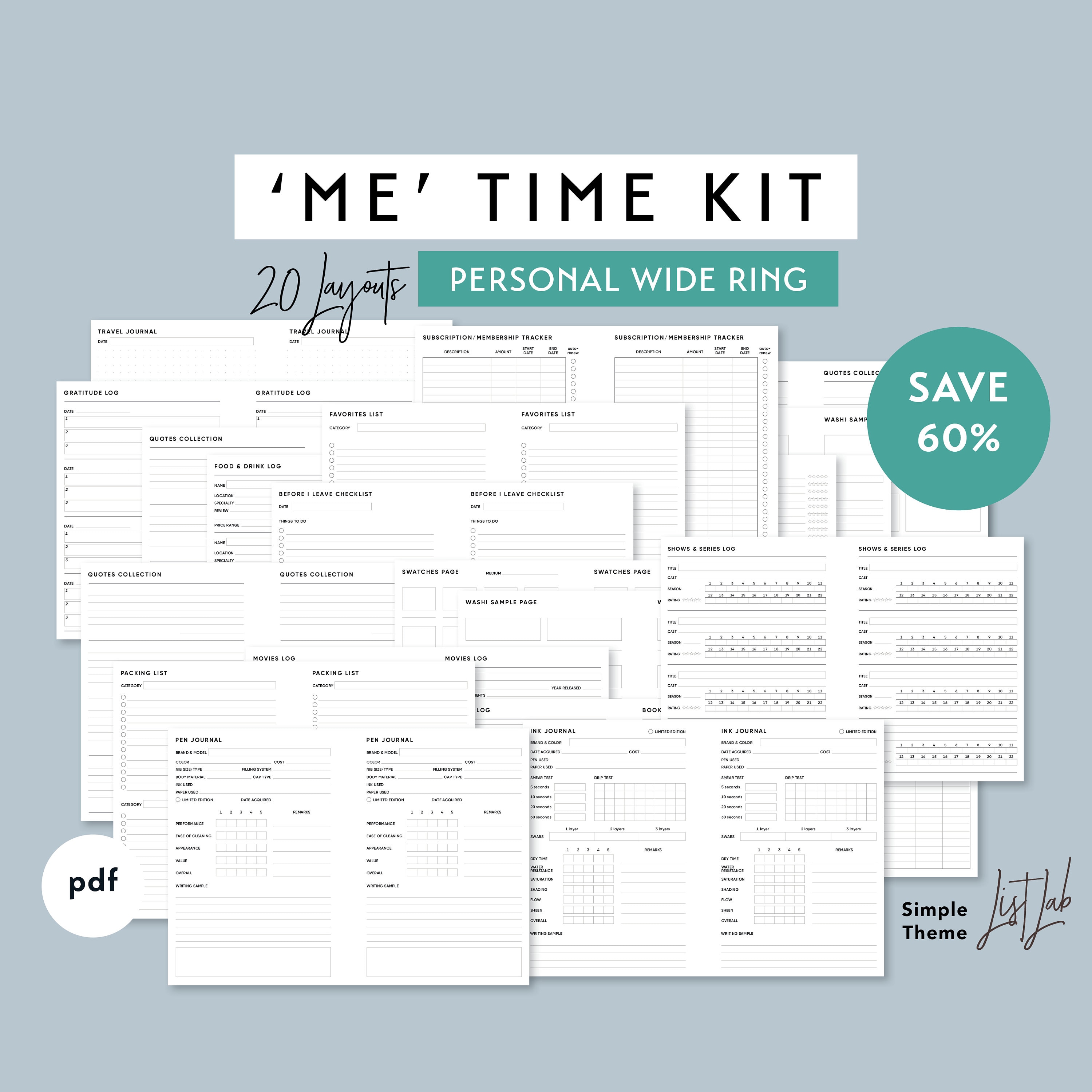 Simple Theme 20 layouts Printable pdf Personal Size ME TIME KIT for