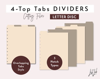 Puede incluir: Cuatro divisores de tamaño carta de color beige con pestañas superiores. Las pestañas tienen tres estilos de muesca diferentes. Los divisores están diseñados para usarse con un sistema de encuadernación en disco. El texto "4-Top Tabs DIVIDERS" y "LETTER DISC" está impreso en la imagen.