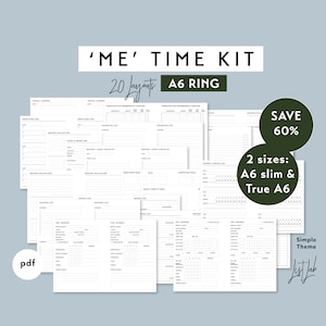 以下が含まれることがあります： 「ME」TIME KITと題されたA6リングプランナー用の印刷可能なインサートコレクション。トラベルジャーナル、感謝ログ、サブスクリプショントラッカー、お気に入りリスト、パッキングリスト、読書ログ、インクジャーナルなど、20種類のレイアウトが白い紙に印刷されています。