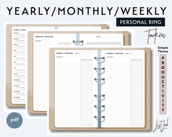 PERSONAL Size Yearly, Monthly and Weekly Trackers Set - Printable Ring Planner Insert PDF - Simple Theme