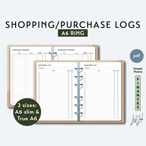 A6 Ring Shopping List and Purchase Tracker Set - Printable Ring Planner Insert PDF - Simple Theme