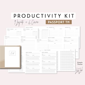 Paspoort TN PRODUCTIVITEITSKIT | Set afdrukbare minimalistische reizigersnotitieboekjes | Eenvoudig: 9 lay-outs, braindump, gewoonten, doelentrackers