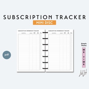 Mini Disc SUBSCRIPTION and MEMBERSHIP TRACKER | Printable Minimalist Discbound Planner Insert | pdf | Simple Theme | Subscription Log