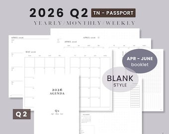 Passport TN Q2 2026 April to June BLANK Style Printable Notebook - Weekly Wo2P Horizontal | Traveler's Notebook Predated Booklet