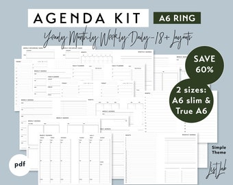 May include: A6 ring binder agenda kit with 18+ layouts, including yearly, monthly, weekly, and daily pages. The kit is available in two sizes: A6 slim and true A6. The kit is in a simple theme with black text on white paper. The text "SAVE 60%" is in a green circle.