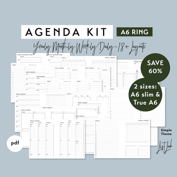 A6 Ring AGENDA KIT | Druckbare Minimalistische Ring Planner Einsätze Set pdf | Einfach - 18+ Layouts | Jährlich, Monatlich, Wöchentlich, Täglich | Undatiertes Set