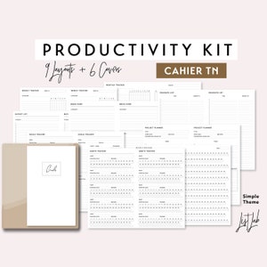Puede incluir: Un kit de productividad con 9 diseños y 6 portadas. El kit incluye un rastreador semanal, un rastreador mensual, un volcado de cerebro, una lista de delegados, un planificador de proyectos y un rastreador de hábitos. El kit está diseñado en un tema simple con texto en blanco y negro sobre un fondo blanco.