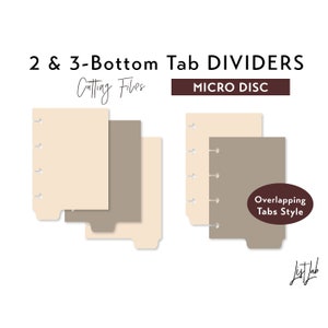 May include: Two sets of printable divider tabs for a micro disc planner. The tabs are in beige and brown and have a overlapping tab style. The text "Cutting Files" and "MICRO DISC" is visible in the image.