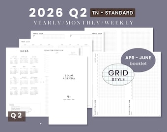 Standard TN Q2 2026 April to June Pre-arranged PrintableNotebook - Weekly Wo2P Traveler's Notebook Predated Booklet - GRID Style