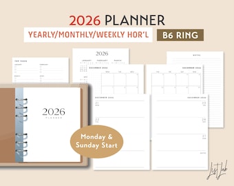 B6 RING 2026 Yearly Monthly Weekly Wo2p HORIZONTAL Printable Planner Inserts Set, Week on 2 Pages Blank Style