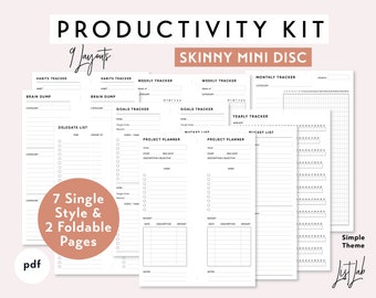 スキニー ミニ プロダクティビティ キット | 印刷可能なミニマリスト トラベラーズ ノート インサート セット | シンプル - 9 つのレイアウト、ブレイン ダンプ、習慣、目標トラッカー