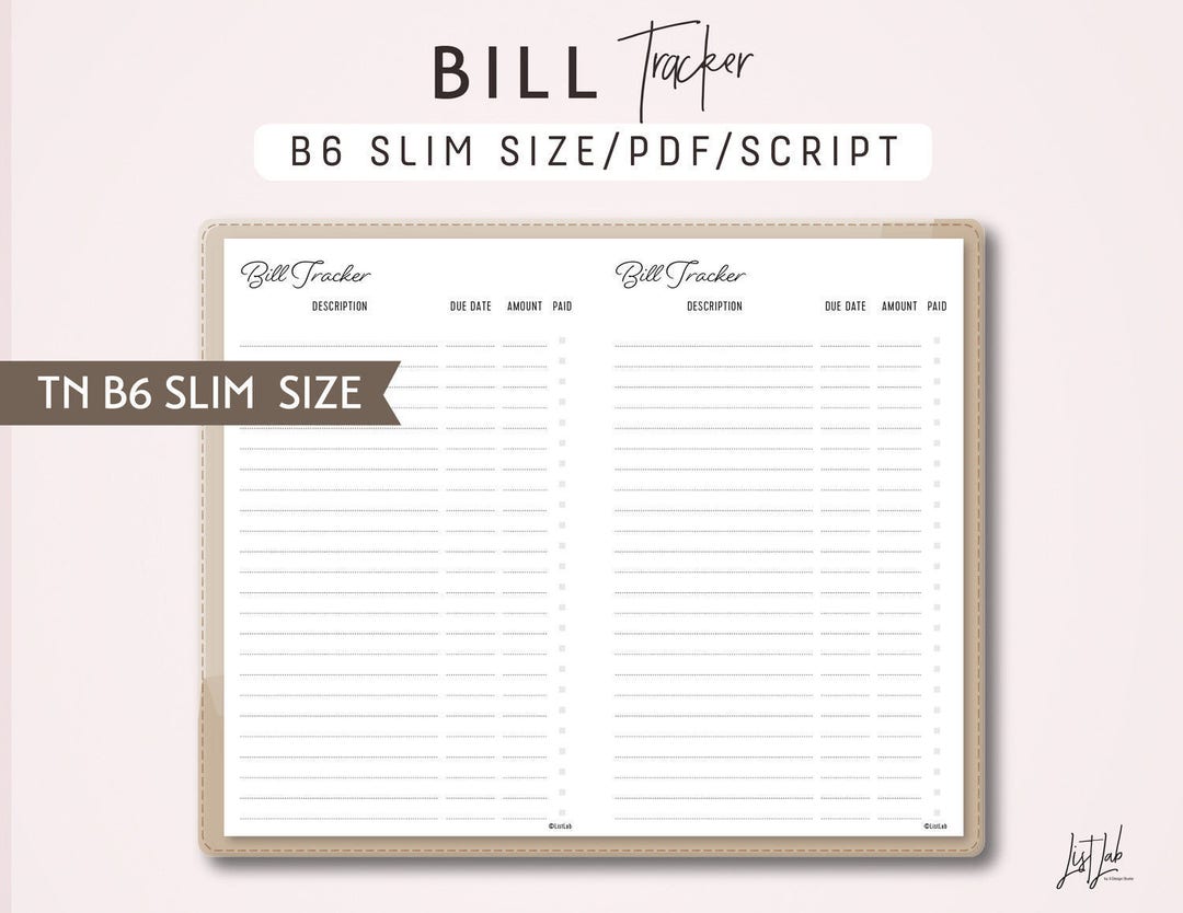 B6 SLIM TN Bill Tracker - Printable Travelers Notebook Printable Insert ...