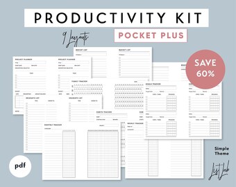 Tasche PLUS PRODUKTIVITÄT KIT | Druckbare minimalistische Ring-Planer Einsätze Set | pdf | Einfach - 9 Layouts, Brain Dump, Gewohnheiten, Ziele Tracker