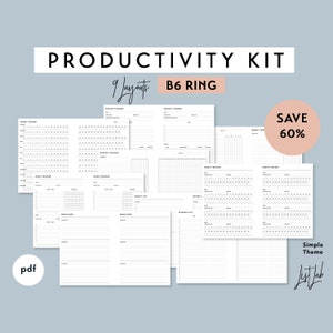 KIT DE PRODUCTIVIDAD B6 Ring / Juego de insertos imprimibles para agenda minimalista de anillos / PDF / Simple - 9 diseños, volcado de ideas, seguimiento de hábitos y objetivos