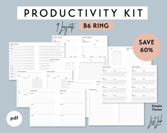 B6 Ring PRODUCTIVITY KIT | Printable Minimalist Ring Planner Inserts Set | pdf | Simple - 9 layouts, Brain Dump, Habits, Goals Trackers