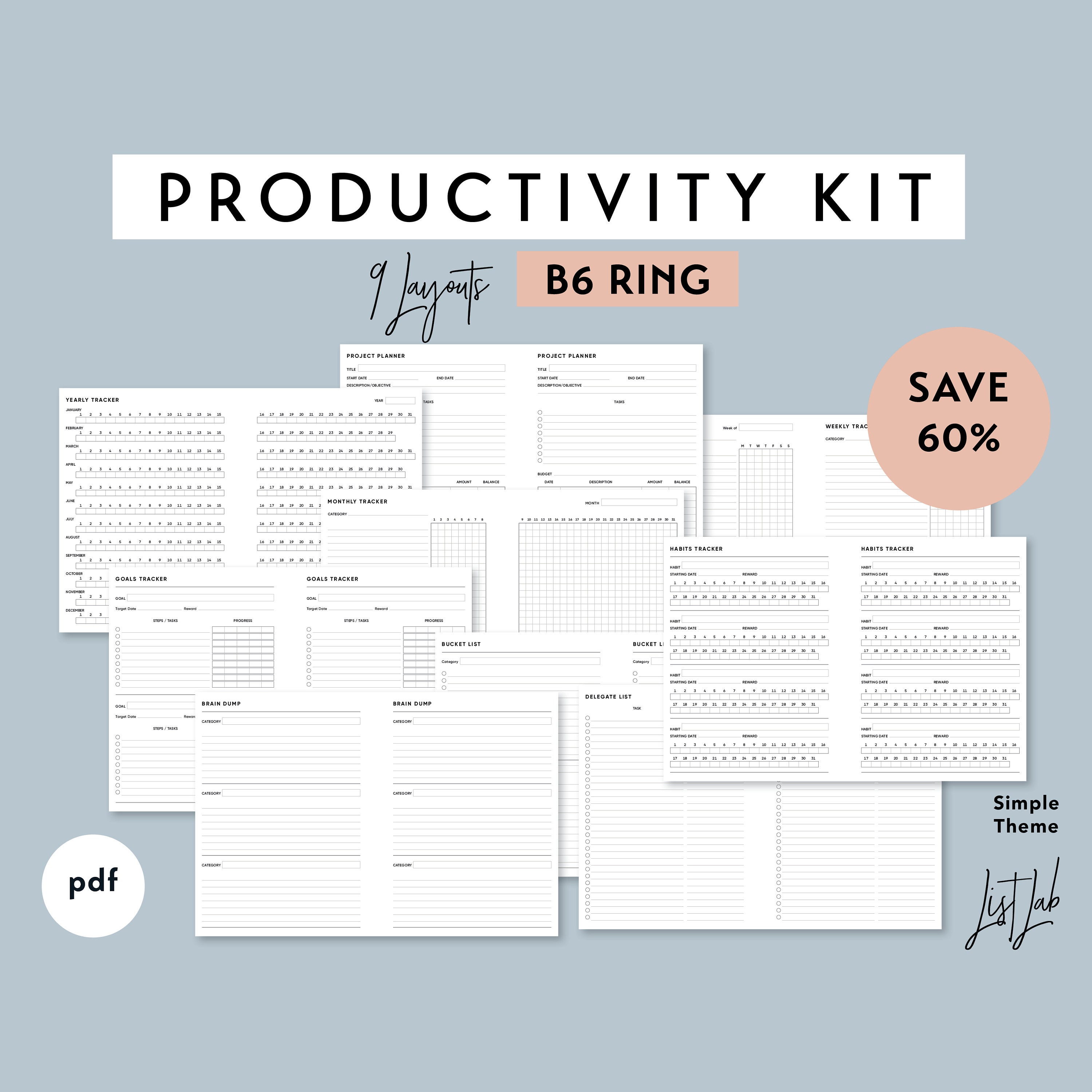 B6 Ring PRODUCTIVITY KIT | Printable Minimalist Ring Planner Inserts ...