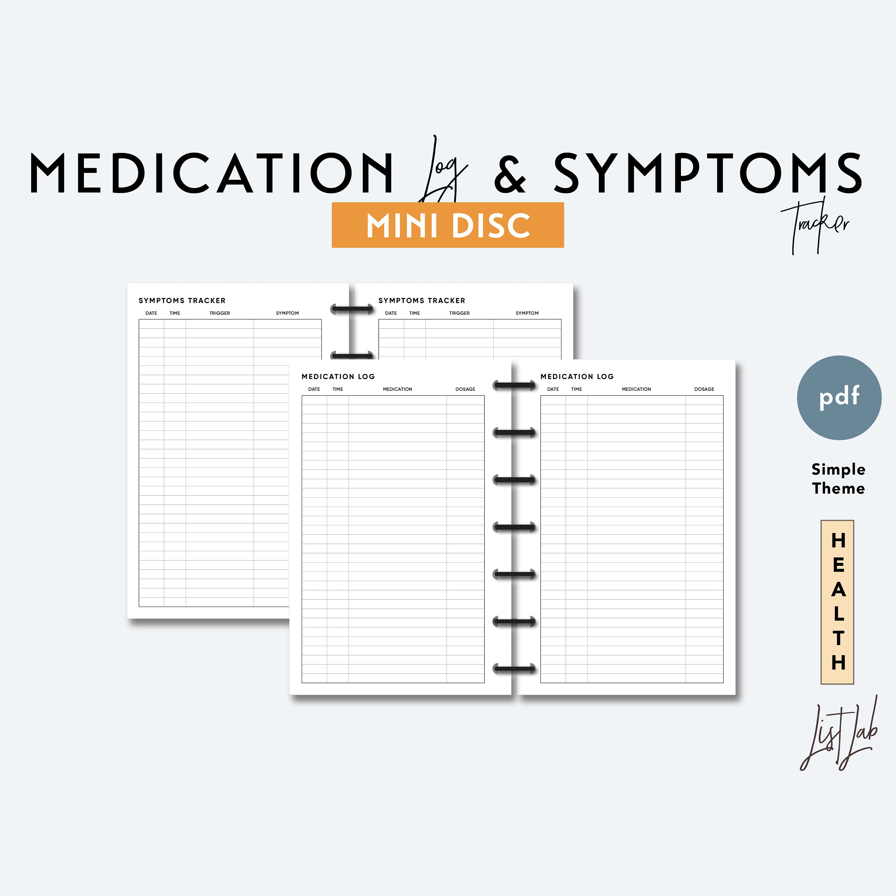 Medication Disc Mini Disc MEDICATION Log and SYMPTOMS Trackers | Printable Minimalist ...