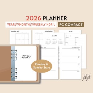 FC COMPACT 2026 Yearly Monthly Weekly Wo2p HORIZONTAL Printable Ring Planner Inserts Set, Week on 2 Pages Blank Style