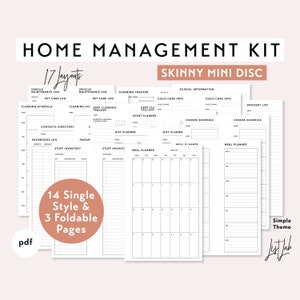 SKINNY MINI size HOME Management Kit for Disc Bound Planner - Printable pdf - Simple Theme - 17 layouts, Homemaker Planner