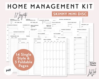 スキニーミニサイズ ディスク綴じプランナー用ホームマネジメントキット - 印刷可能なPDF - シンプルなテーマ - 17レイアウト、ホームメーカープランナー
