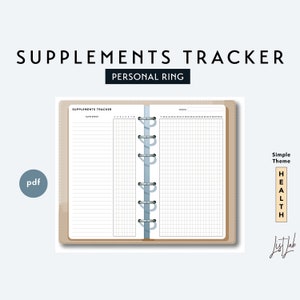 May include: A printable PDF supplement tracker for a personal ring binder. The tracker has a simple design with a light brown background and a blue and white grid. The text "SUPPLEMENTS TRACKER PERSONAL RING" is at the top of the page. The text "Simple Theme HEALTH" is on the right side of the page.