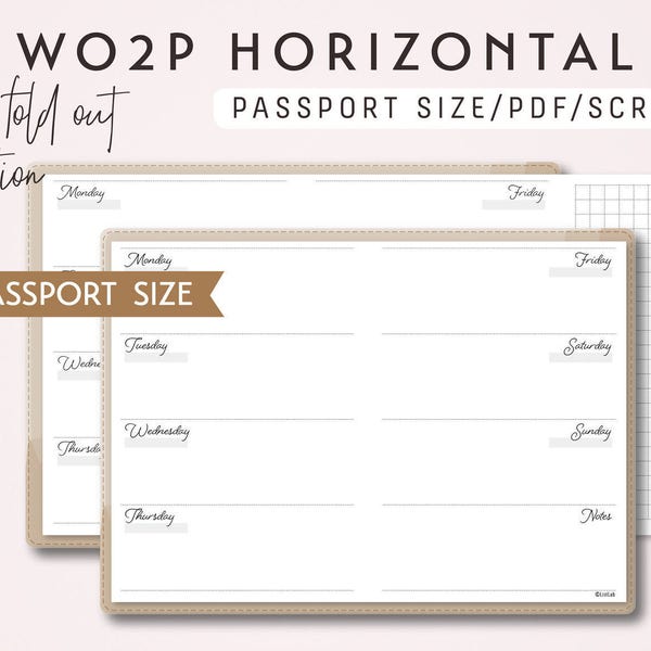 Passport Size Week on 2 Pages with Fold Out Variation WO2P - Printable Traveler's Notebook Insert - Script Theme