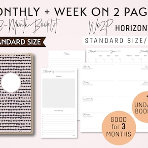 STANDARD Size Monthly-Week on 2 Pages Horizontal Printable Booklet Insert - Good for 3 Months - fits Traveler&#39;s Notebook Regular Size