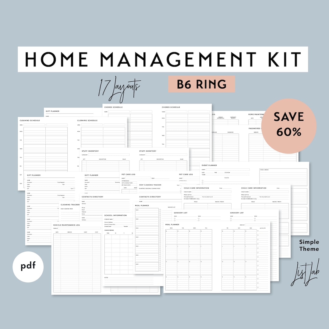 B6 Ring Size HOME MANAGEMENT KIT for Ring Planner - Printable Pdf ...