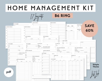 May include: A set of 17 printable home management planner pages in a simple black and white theme. The pages are designed for a B6 ring binder and include layouts for cleaning schedules, chore charts, gift planners, pet care logs, cleaning trackers, contact directories, meal plans, grocery lists, school information, vehicle maintenance logs, and event planners. The text "SAVE 60%" is displayed in a pink circle.