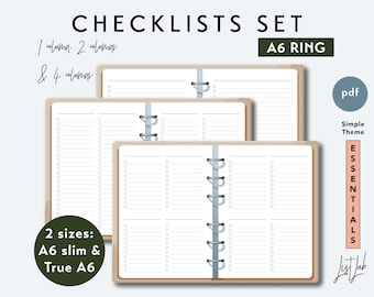 May include: A set of three printable A6 ring checklists in a simple theme. The checklists are designed for 1, 2, or 4 columns. The checklists are available in two sizes: A6 slim and true A6.