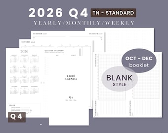 Standard TN Q4 October to December 2026 Printable Notebook - Weekly Wo2P Horizontal | Traveler's Notebook Predated Booklet