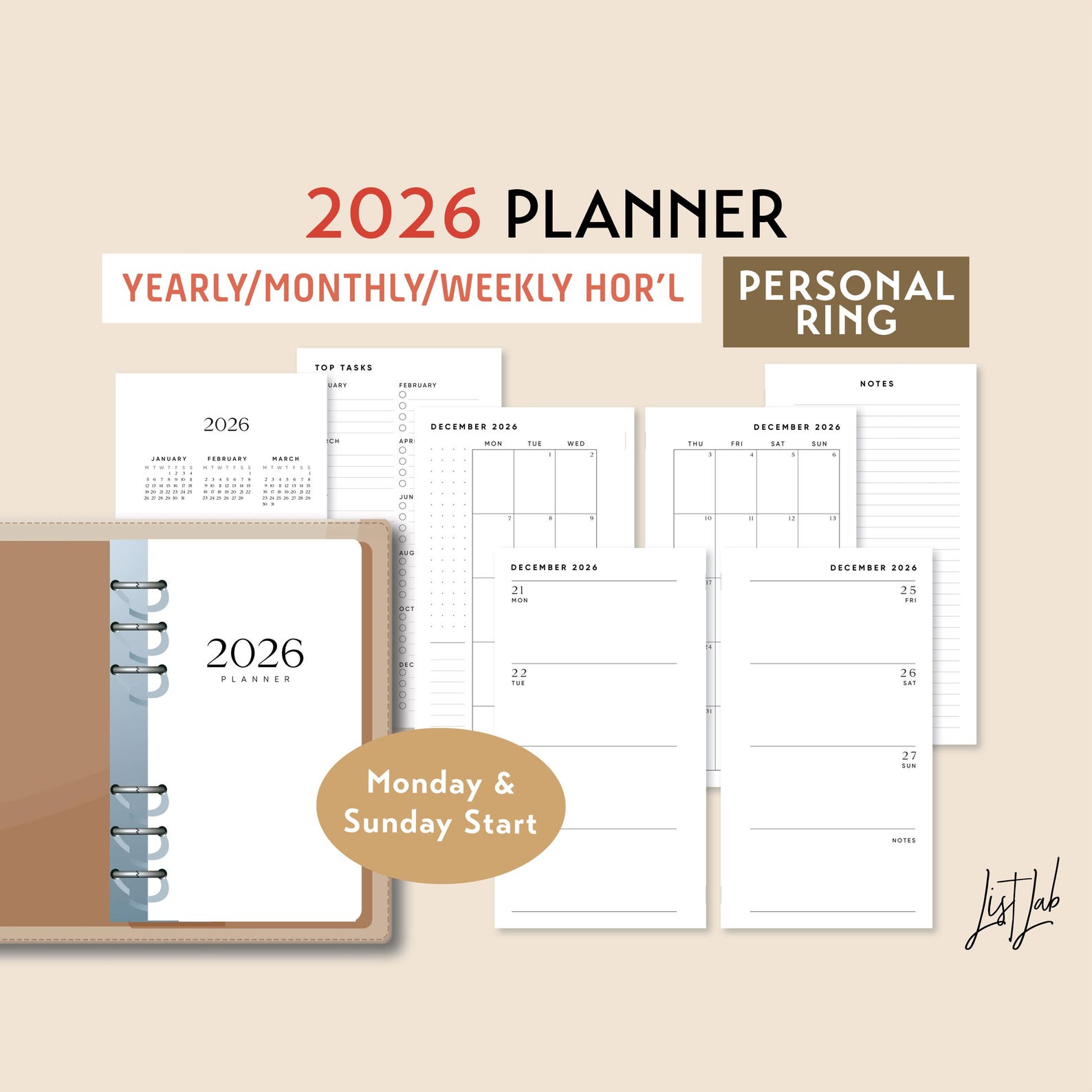 2026 PERSONAL Ring Yearly Monthly Weekly Wo2p HORIZONTAL Printable ...