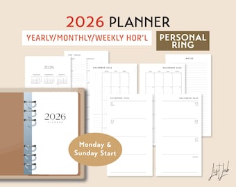 2026 PERSONAL Ring Yearly Monthly Weekly Wo2p HORIZONTAL Printable Planner Insert Set, DIY Planner