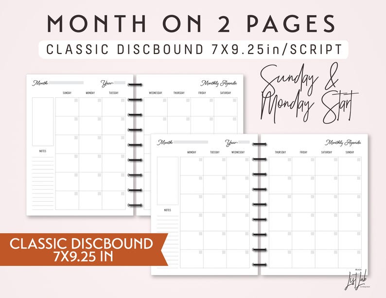 graphic relating to Discbound Planner Printables named Traditional DISCBOUND Thirty day period upon 2 Webpages Calendar Fastened - Printable Discbound Planner Increase (7X9.25inside) - Script Concept - suits Clic Joyful Planner