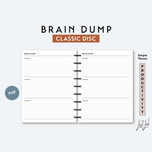 May include: Open planner with lined pages and the words "BRAIN DUMP" and "CLASSIC DISC" in black and brown. The word "CATEGORY" is above the lines. The word "PRODUCTIVITY" is written vertically on the right side. A "pdf" icon is in the lower left.